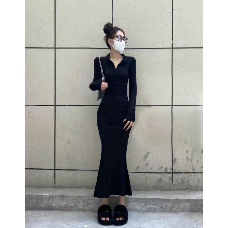 翻領拉鏈秋季長袖修身連衣裙顯瘦女包臀裙長款一步魚尾裙2023新款