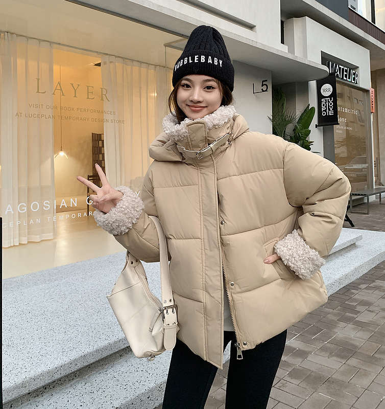 實拍 羊羔毛2023冬季新款棉服短款女連帽寬鬆休閒加厚麵包服外套