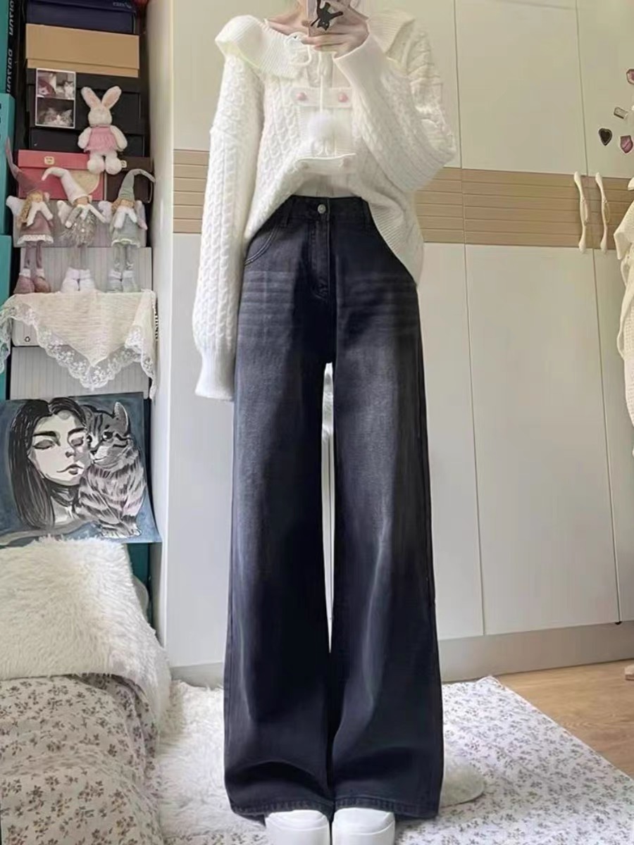 水洗黑灰色高腰闊腿牛仔褲女美式復古高街寬鬆顯瘦垂感拖地直筒褲