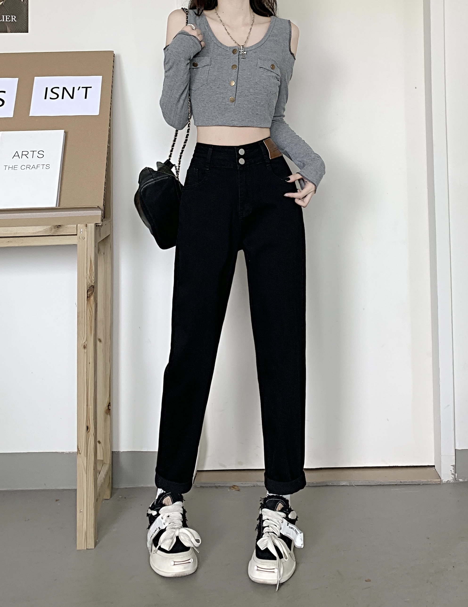 實拍加絨加厚黑色老爹牛仔褲女小個子秋冬新款高腰寬鬆長褲