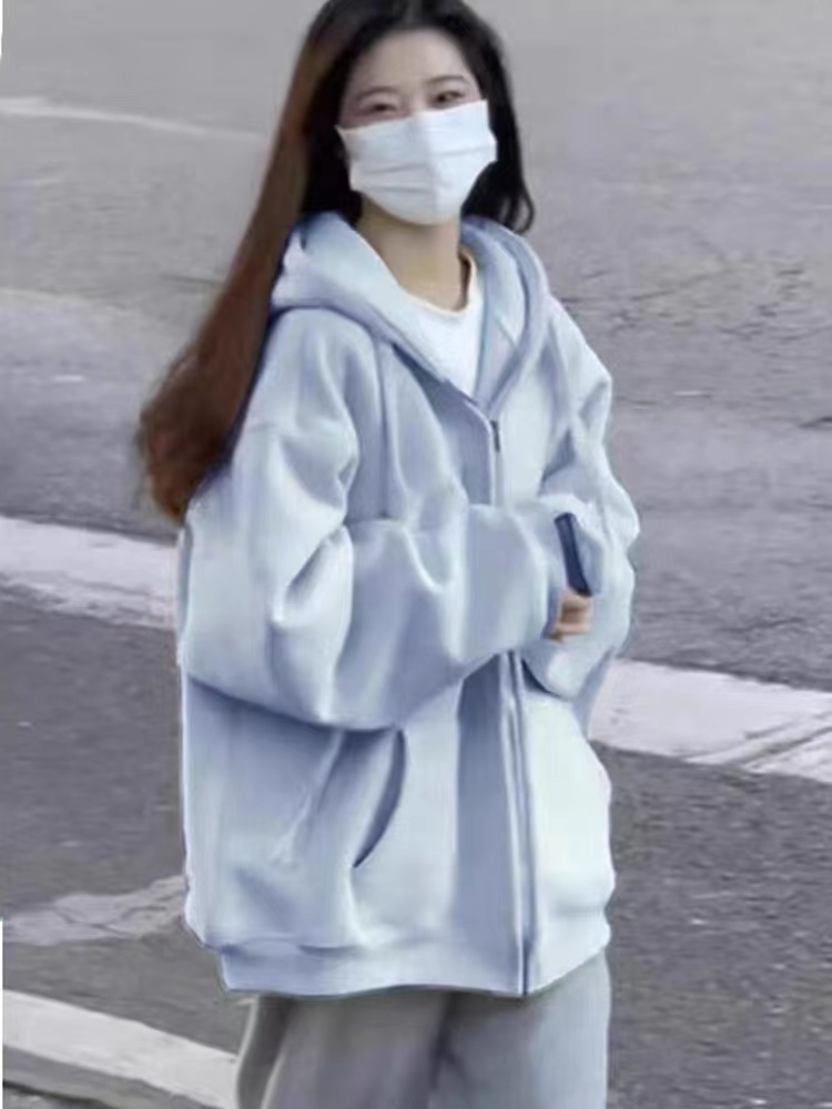 純棉華棉複合銀狐絨官方秋冬季新款開衫拉鏈連帽外套女