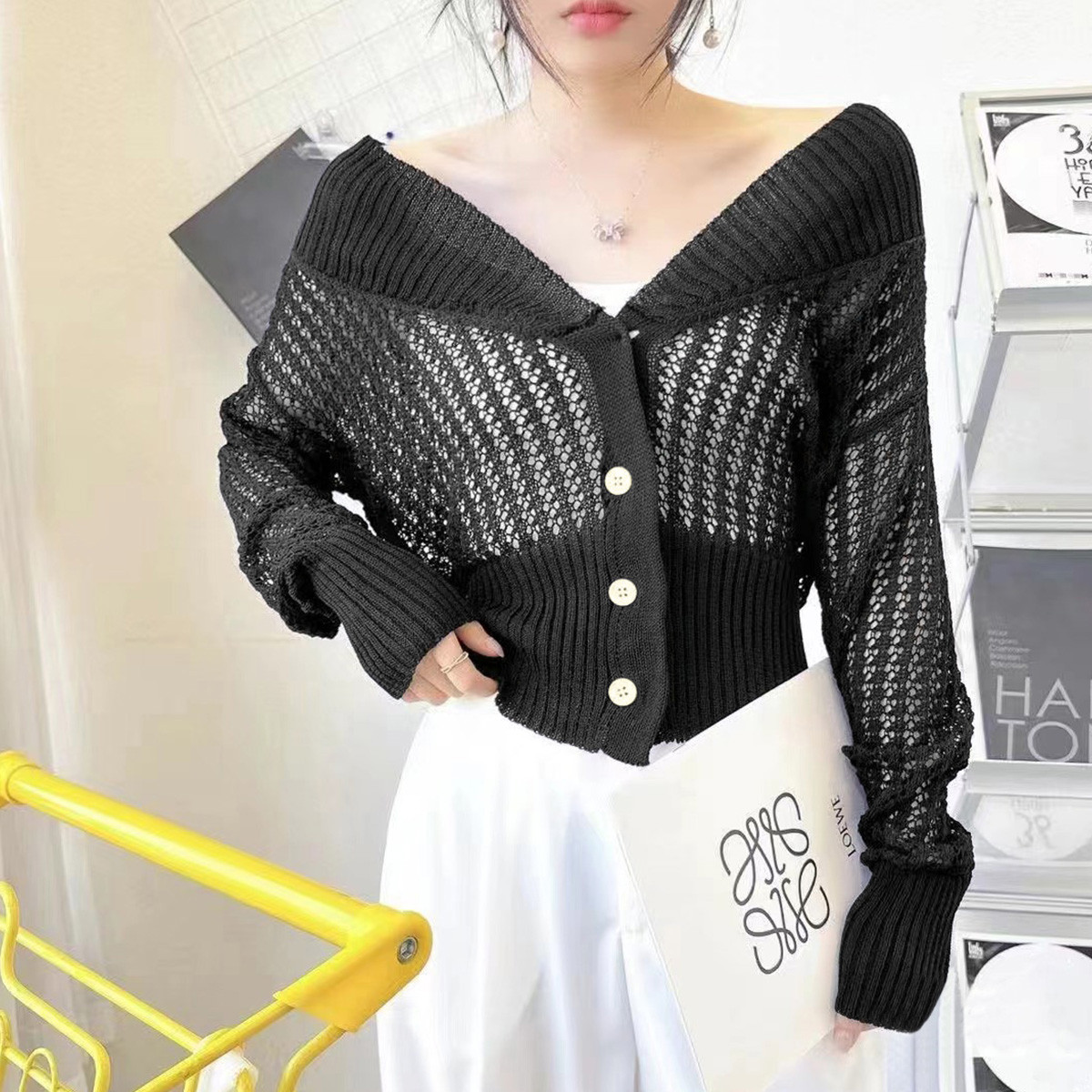 短款上衣針織開衫女小香風外套春夏季新款白色鏤空露肩毛衣披肩春