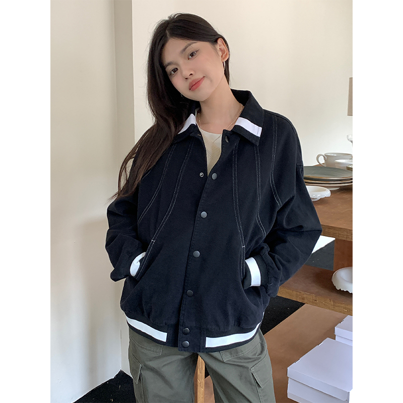 實拍街頭復古棒球服黑色明線拼接撞色簡約外套新款秋冬休閒上衣