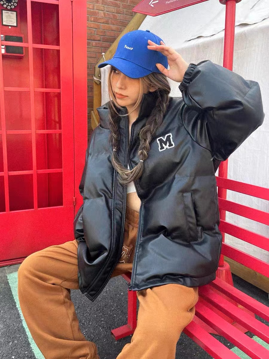 美式復古PU皮2023冬新款羽絨棉服女寬鬆立領加厚麵包服棉衣外套潮