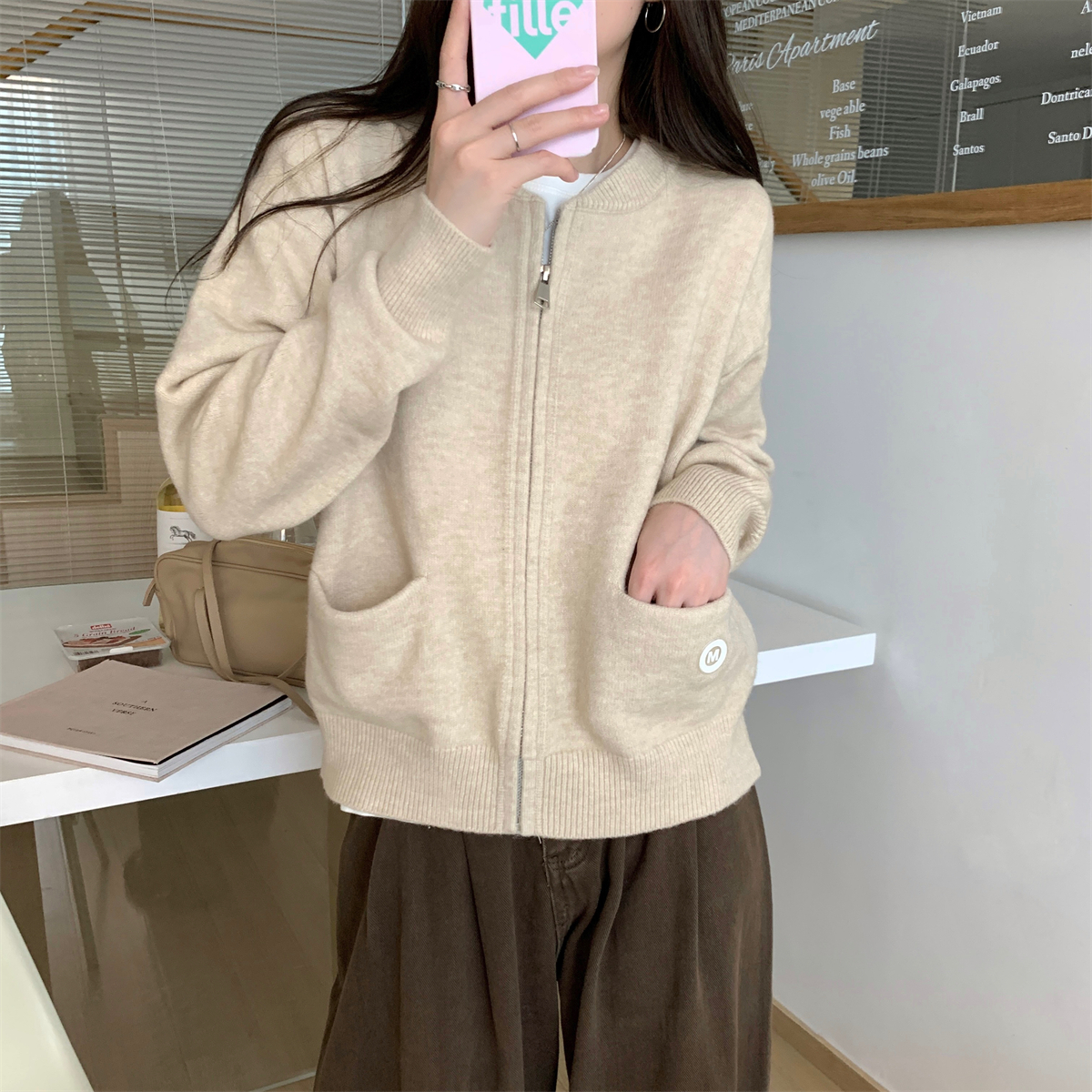 實拍 秋冬韓版寬鬆百搭休閒北極絨針織拉鏈開衫毛衣外套