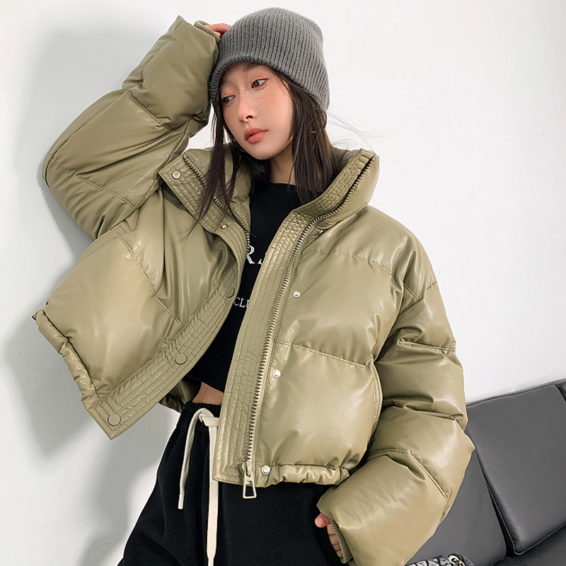 新款PU皮小個子顯高羽絨服女冬季短款加厚白鴨絨立領麵包服外套