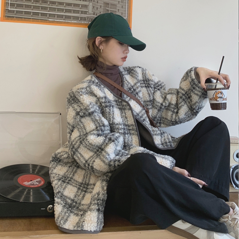 秋冬大碼女裝洋氣格子羊羔毛外套女胖MM減齡上衣M-4XL200斤