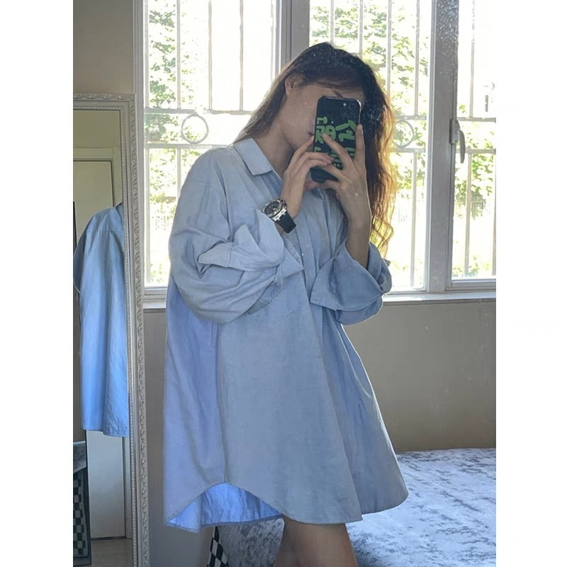 棉質藍色襯衫女法式質感別致漂亮小衫休閒上衣2023早秋裝新款襯衣