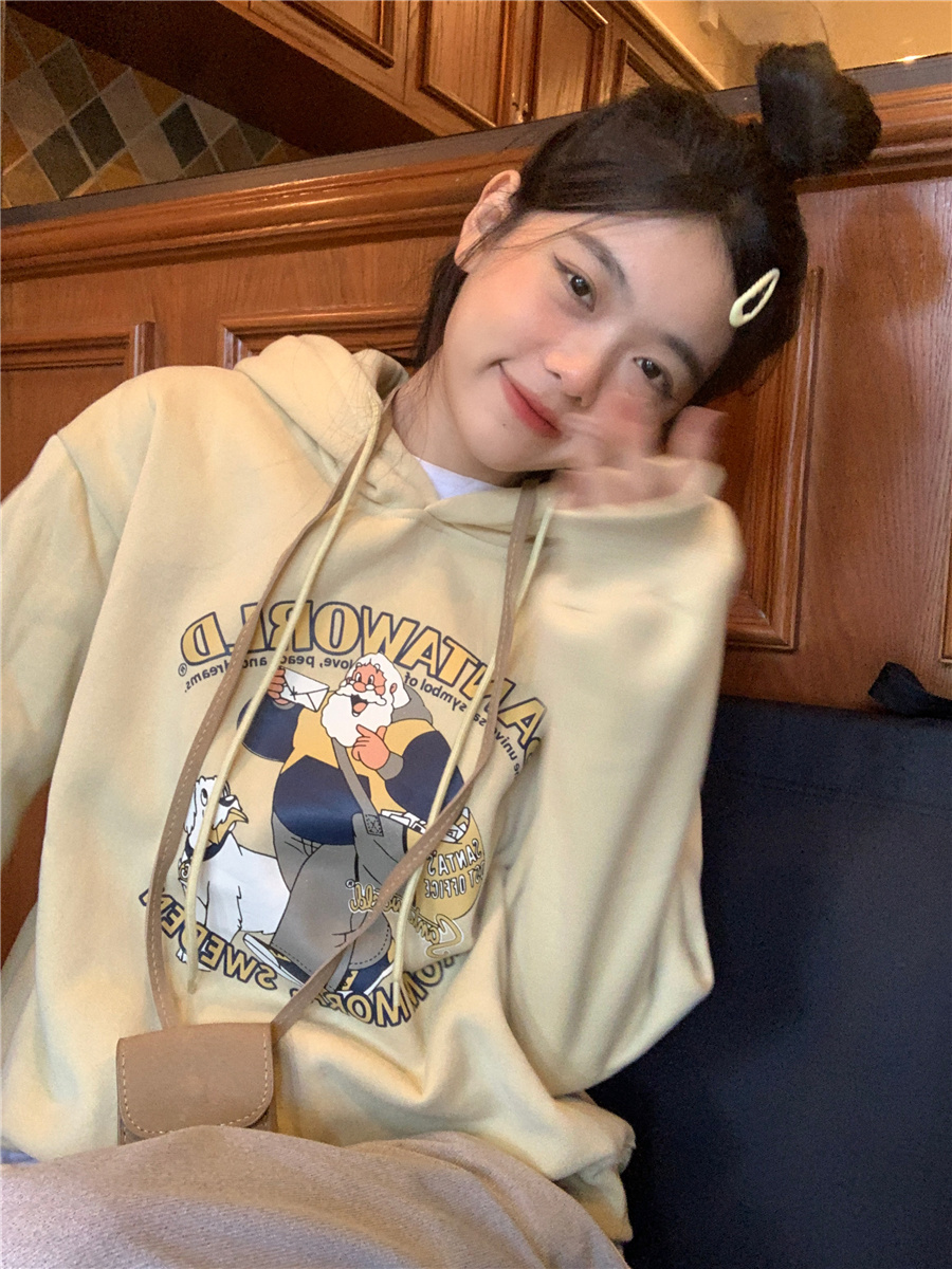 實拍！學院風卡通印花寬鬆韓版蝙蝠袖連帽加絨衛衣女