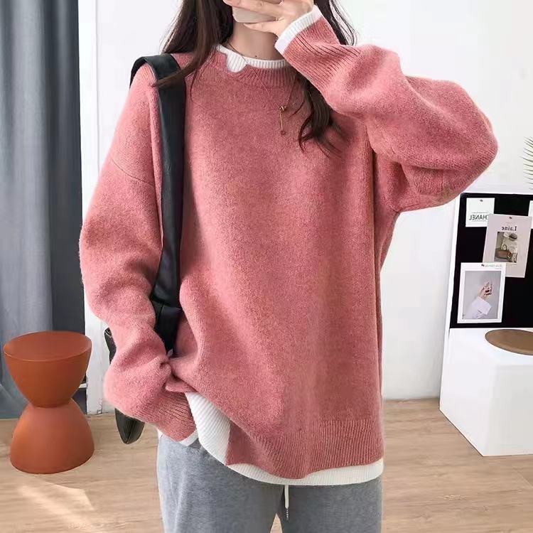 假兩件毛衣女冬季寬慵懶風套頭加厚保暖針織衫外穿設計感小眾上衣