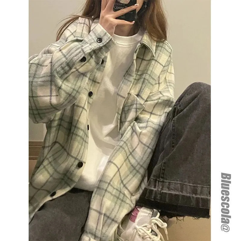 綠格子襯衫女春秋薄款襯衣設計感小眾韓系chic別致上衣