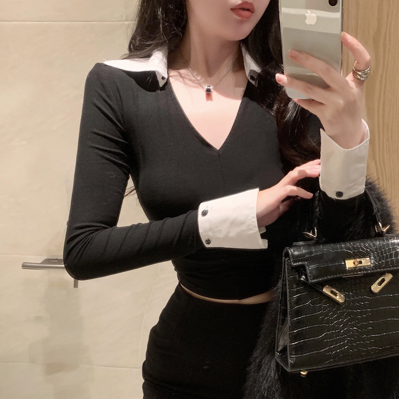 實拍 拼接V領辣妹性感修身顯瘦長袖t恤打底衫上衣女