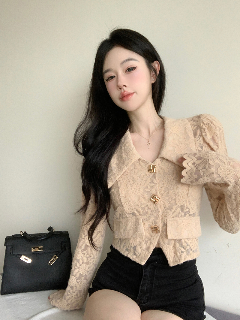實拍   大翻領蕾絲衫女長袖短外套上衣女