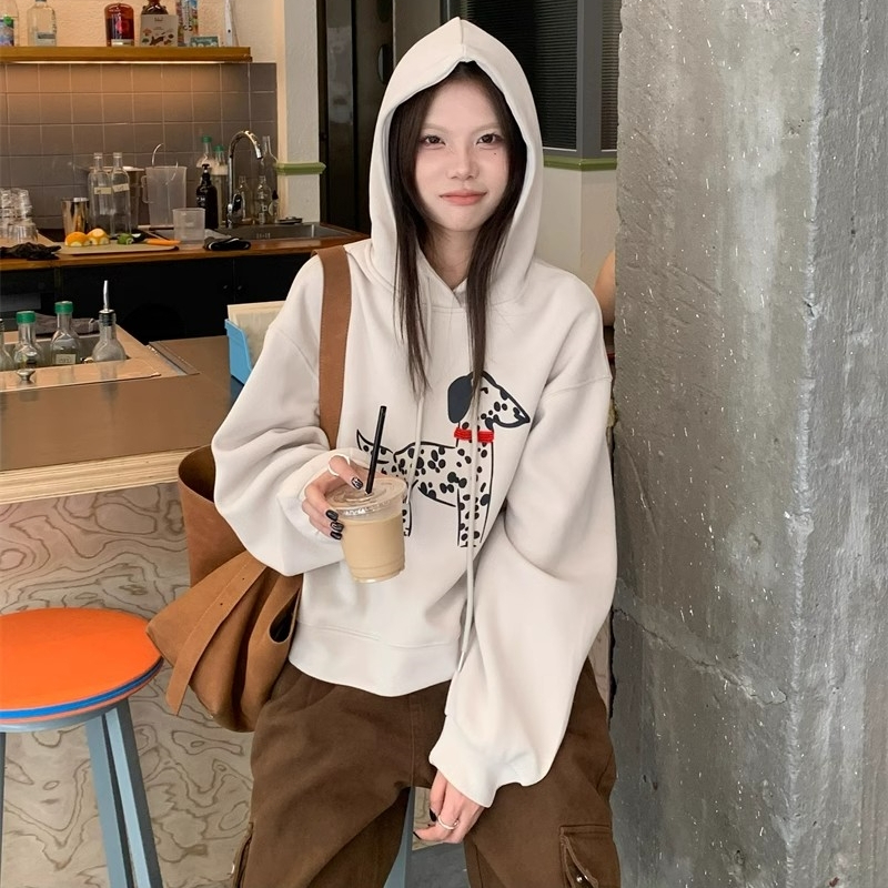 美式斑點狗印花連帽衛衣女2023秋冬新款寬鬆休閒百搭上衣