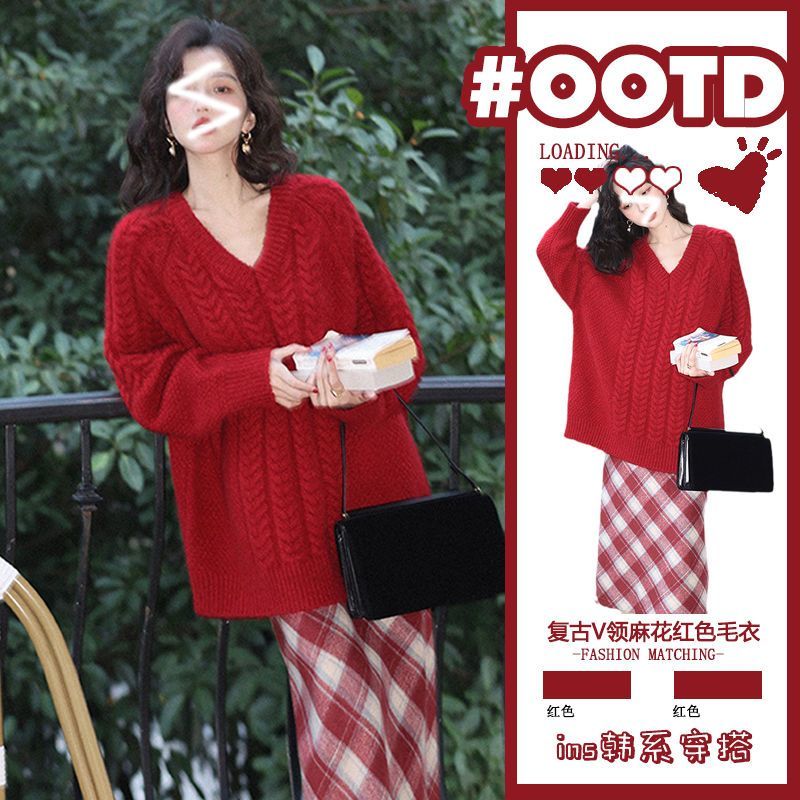 2023秋冬季新款港風復古麻花紅色毛衣慵懶風針織上衣