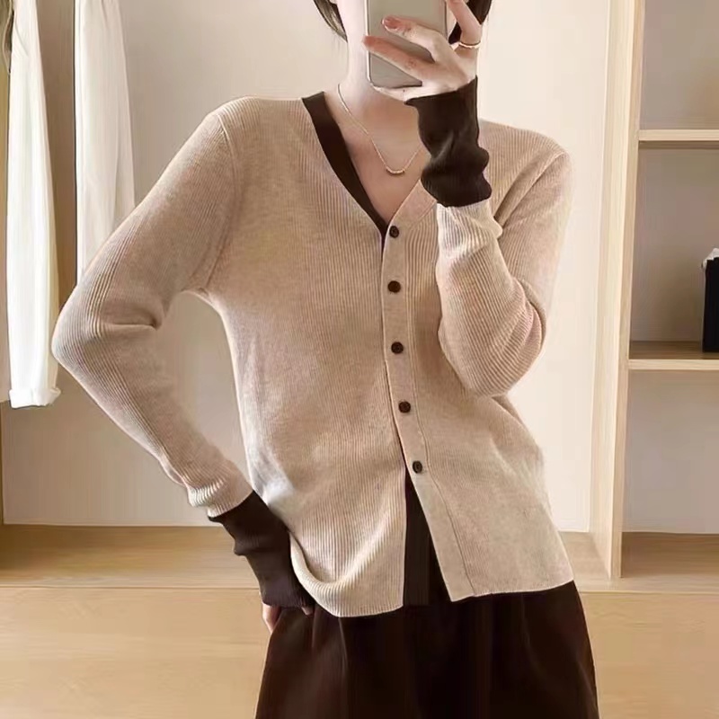 2023秋裝新款小眾設計感袖口撞色羊毛針織衫開衫氣質長袖外套女款