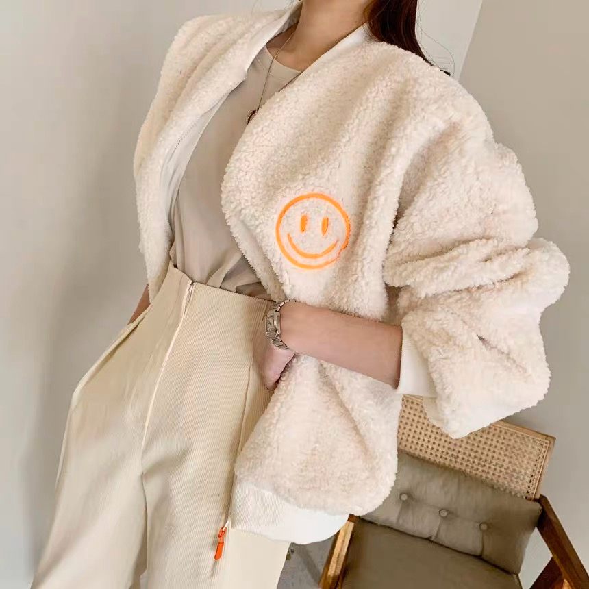 韓國秋冬季新款美式仿羊羔毛絨笑臉刺繡棒球服夾克外套女ins潮