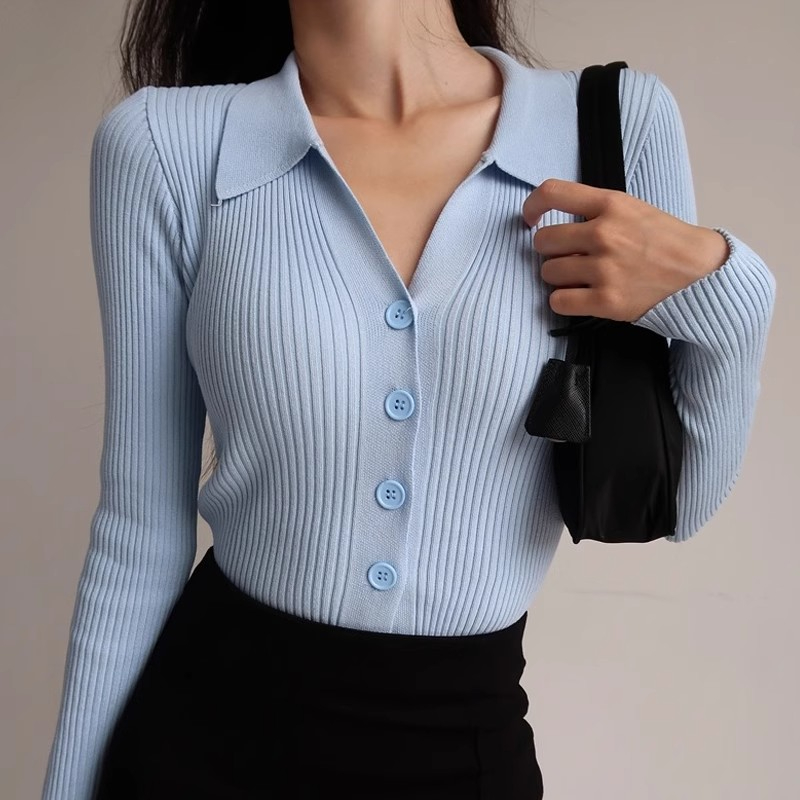 復古小翻領針織開衫女polo領單排扣小眾上衣修身顯瘦毛衣外套短款