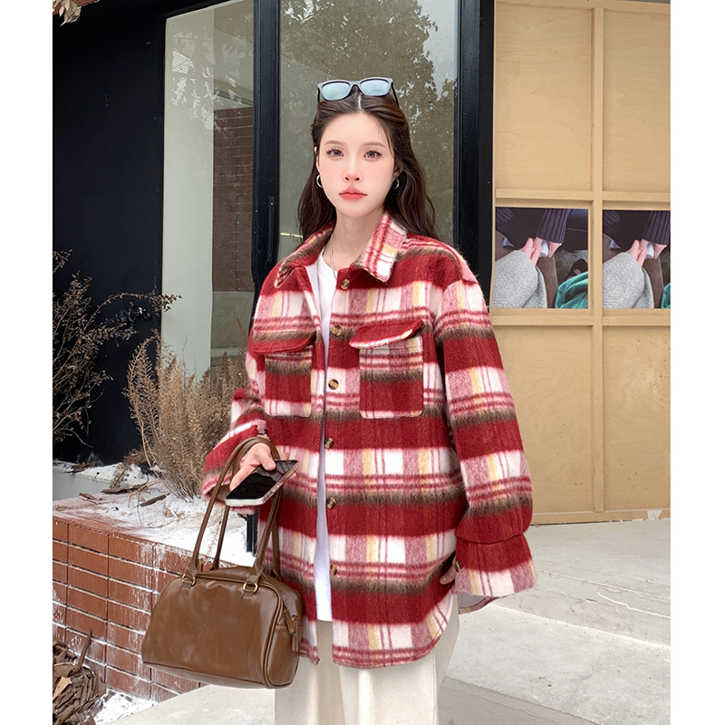 實拍  粗呢格子外套女2023秋冬新款寬鬆紅色夾克開衫