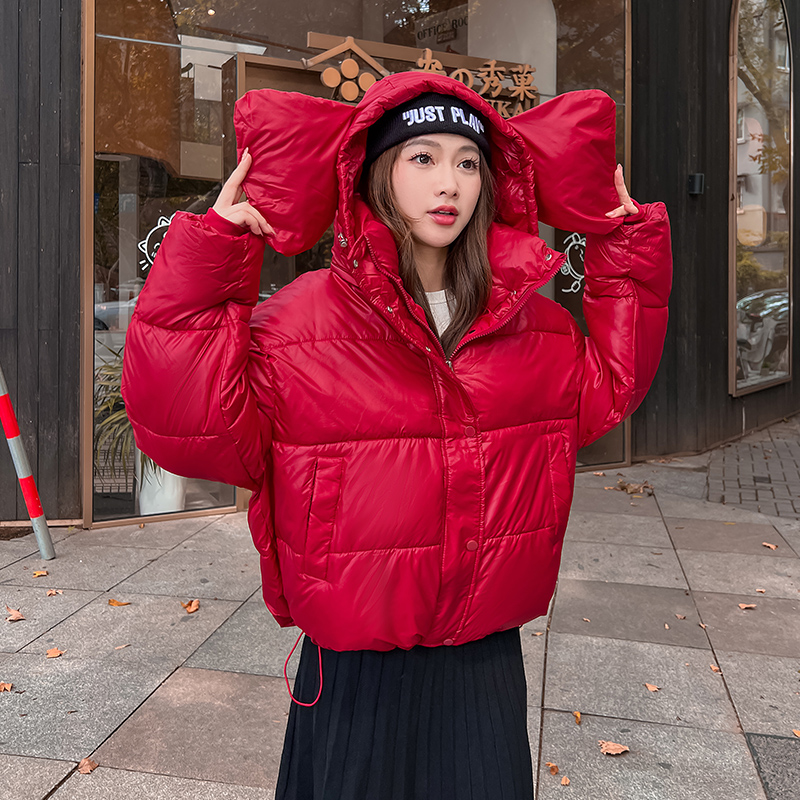 實拍棉服女2023冬季新款外套寬鬆厚棉襖大耳朵可愛羽絨棉衣小個子