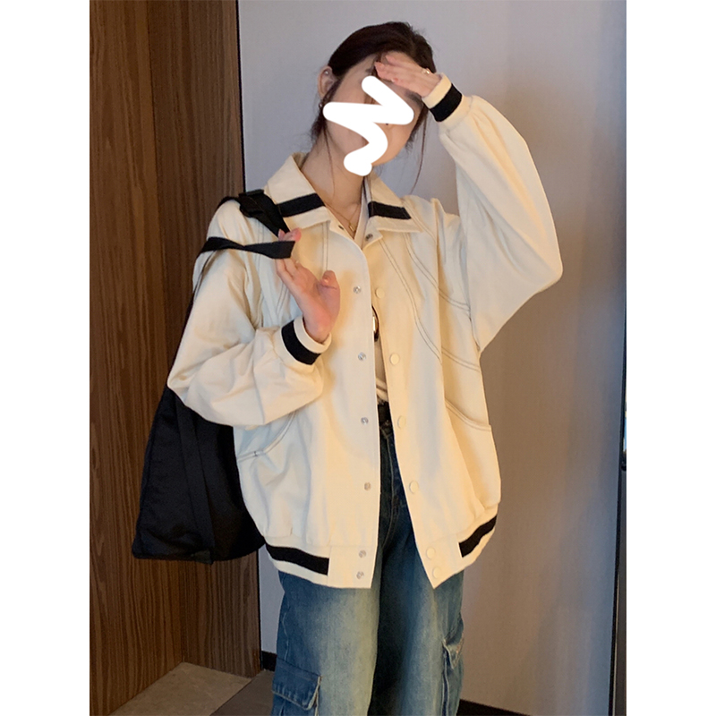 實拍韓版時髦復古翻領拼接撞色棒球服外套女2023新款百搭休閒夾克