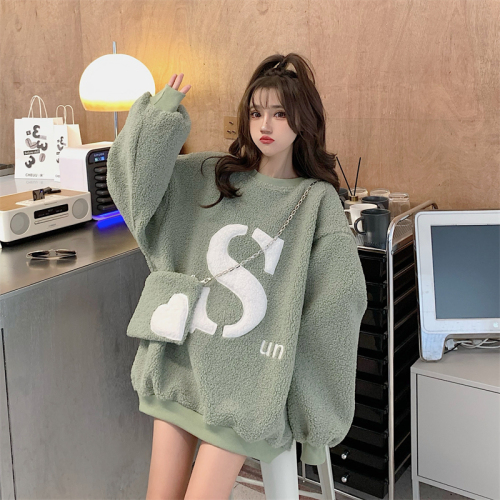 Free bag 2023 autumn and winter sweatshirt for women plus velvet and thickened autumn and winter lazy style mid-length lamb plush