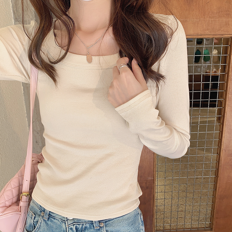 實拍l螺紋方領打底衫女秋冬加絨內搭長袖T恤修身短款鎖骨上衣