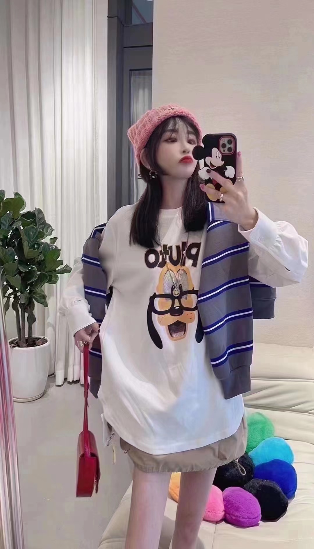 白色t恤女長袖內搭秋裝純棉卡通印花中長款寬鬆時尚洋氣打底上衣