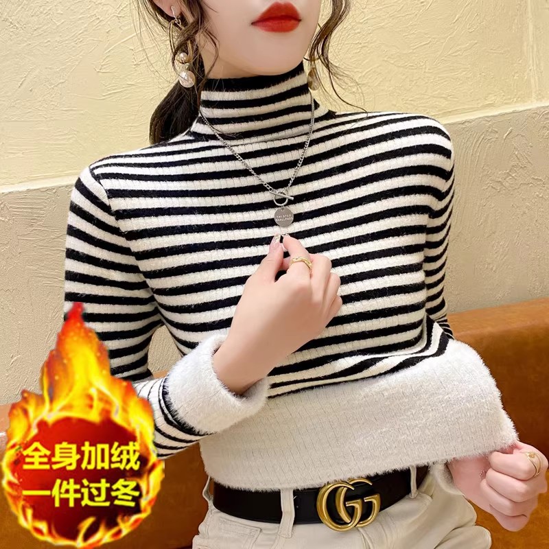 條紋加絨打底衫女冬加厚保暖內搭2023新款洋氣修身一體絨高領毛衣