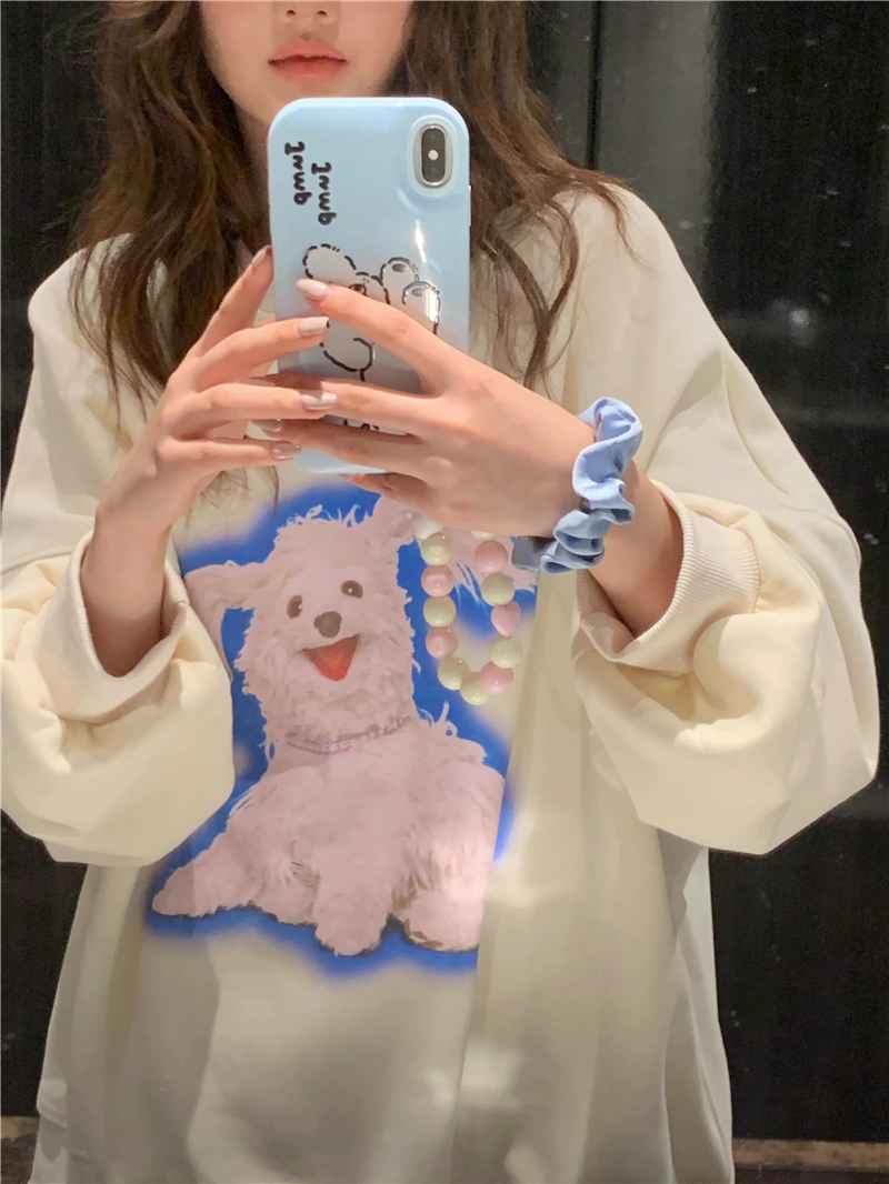 實拍韓版寬鬆oversize可愛狗狗印花套頭圓領衛衣女秋冬上衣