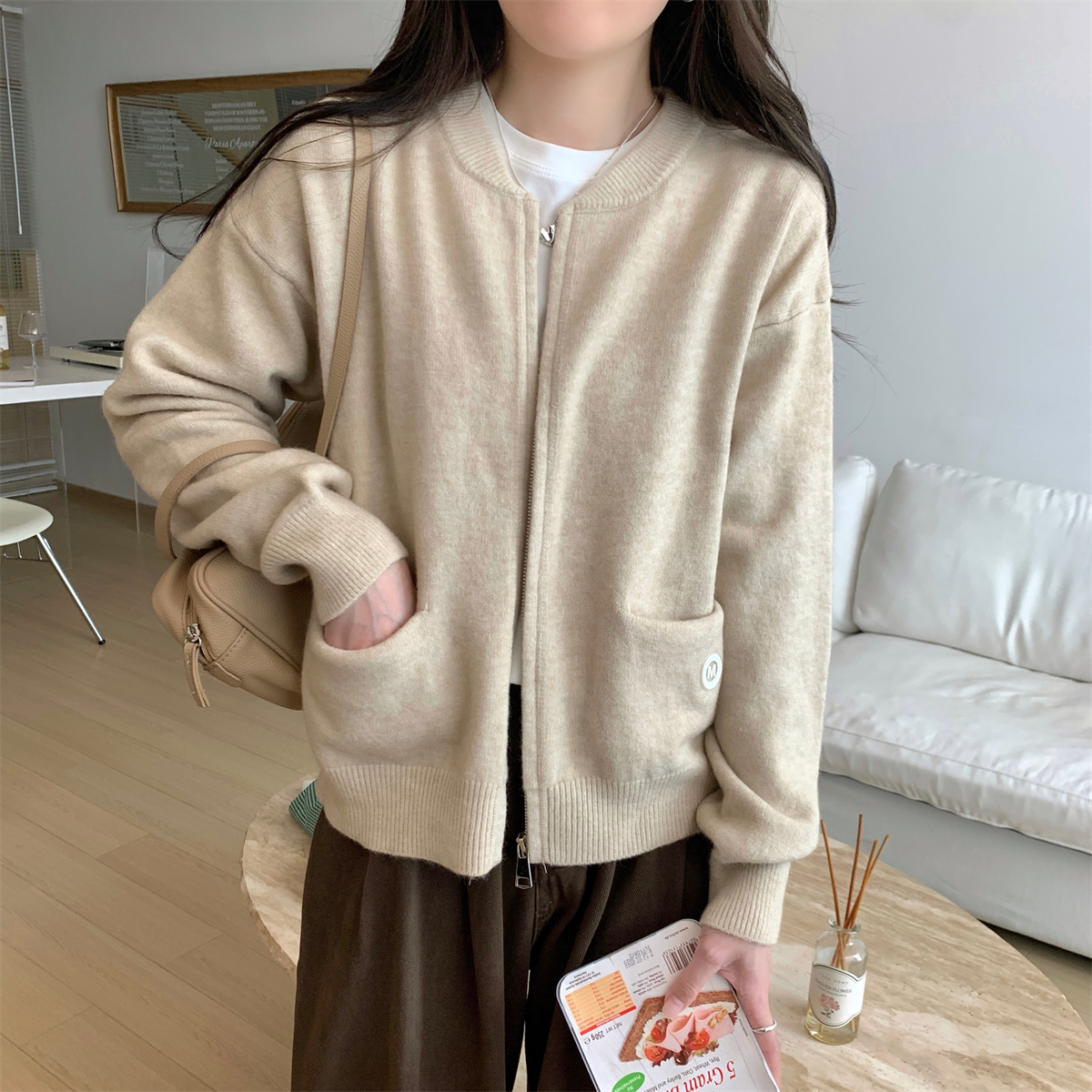 實拍 秋冬韓版寬鬆百搭圓領北極絨針織拉鏈開衫毛衣女外套