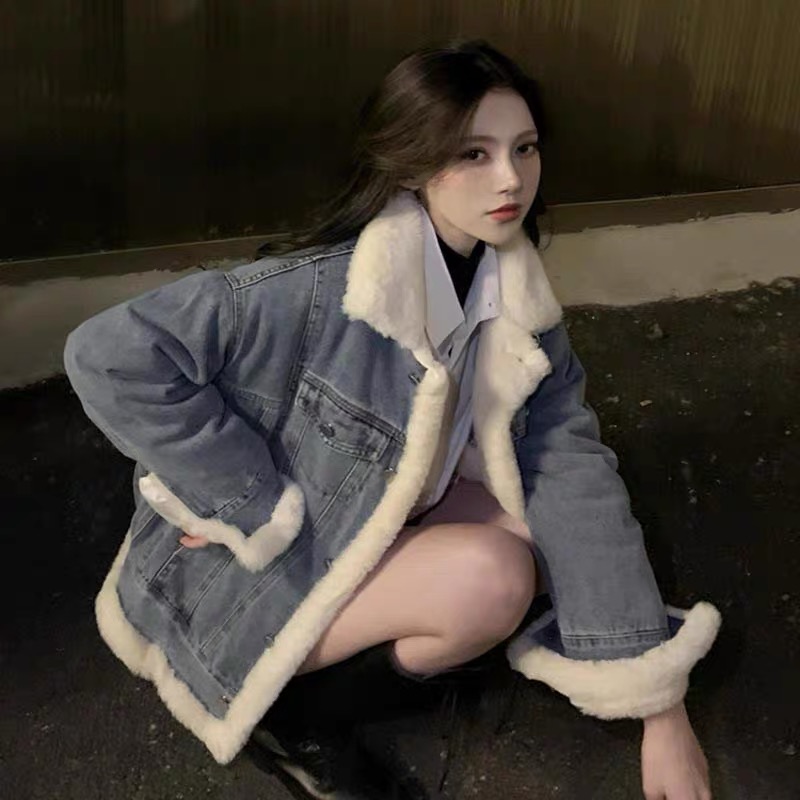 復古羊羔毛牛仔外套女秋冬季寬鬆休閒毛茸茸加絨加厚棉服派克大衣