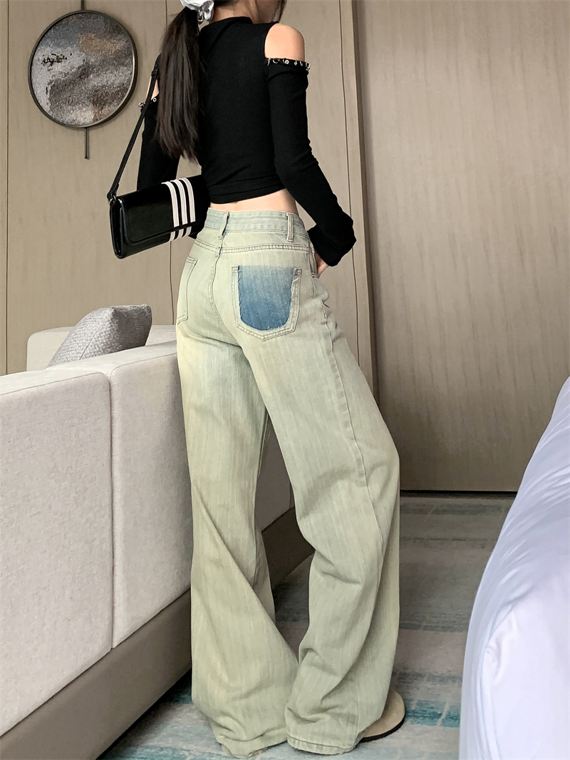 實拍 美式復古洗水做舊高腰百搭撞色牛仔褲