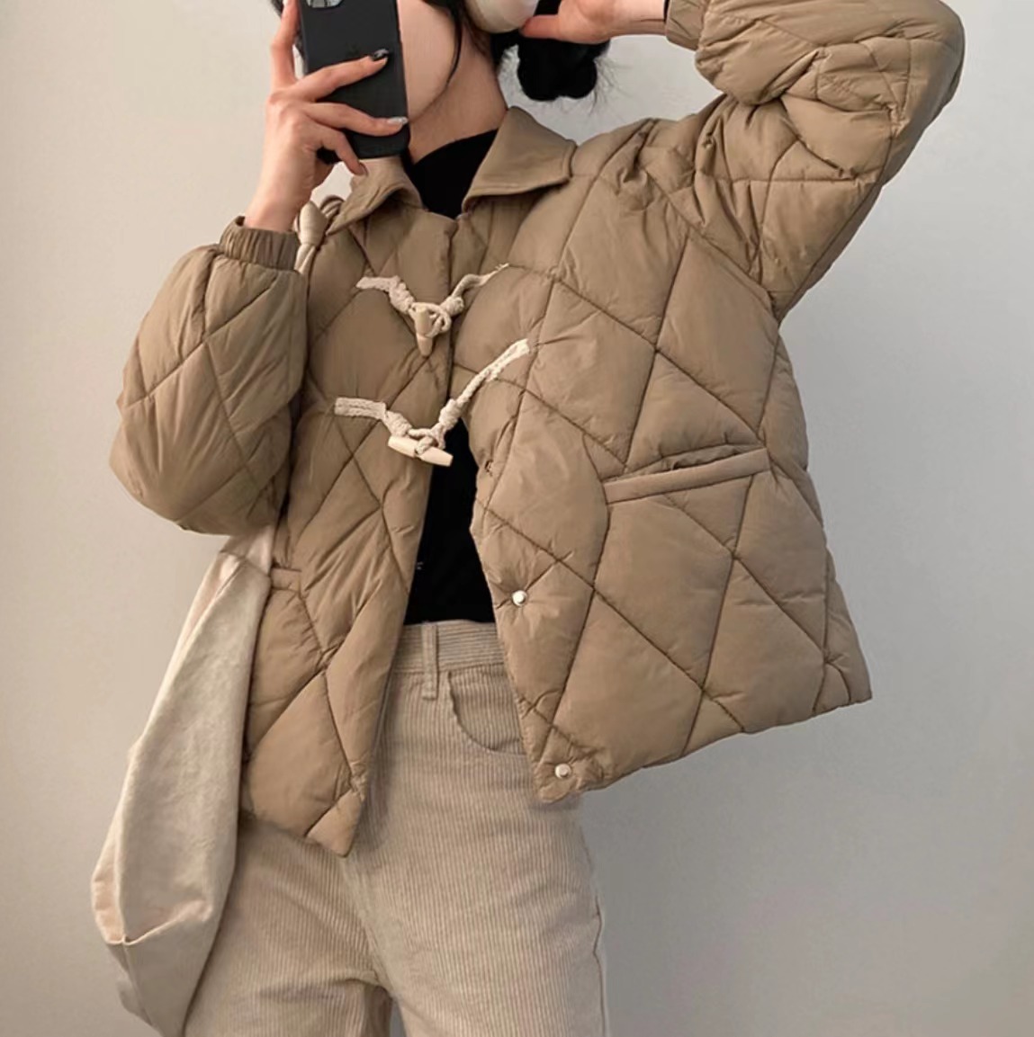 Korean chic winter new retro doll collar horn button cotton coat women's loose warm rhombus cotton coat