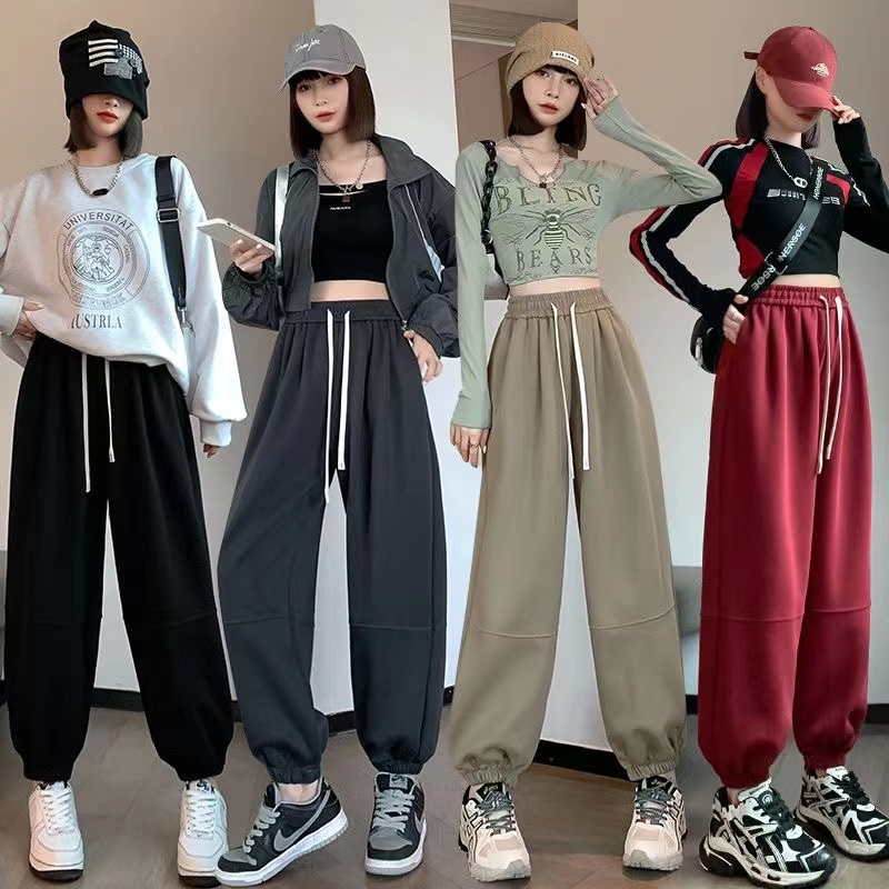 Burgundy sports sweatpants for women in autumn and winter, drawstring high-waisted wide-leg harem pants, straight-leg slimming nine-point leggings