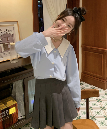 实拍 韩版新款翻领插色白色泡泡袖蓝色衬衫设计感小众法式上衣女