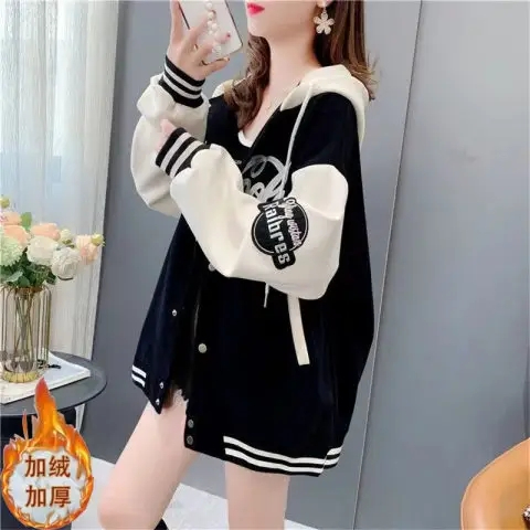 2023秋季新款加絨棒球服外套女韓版連帽字母刺繡寬鬆拼接薄款2113