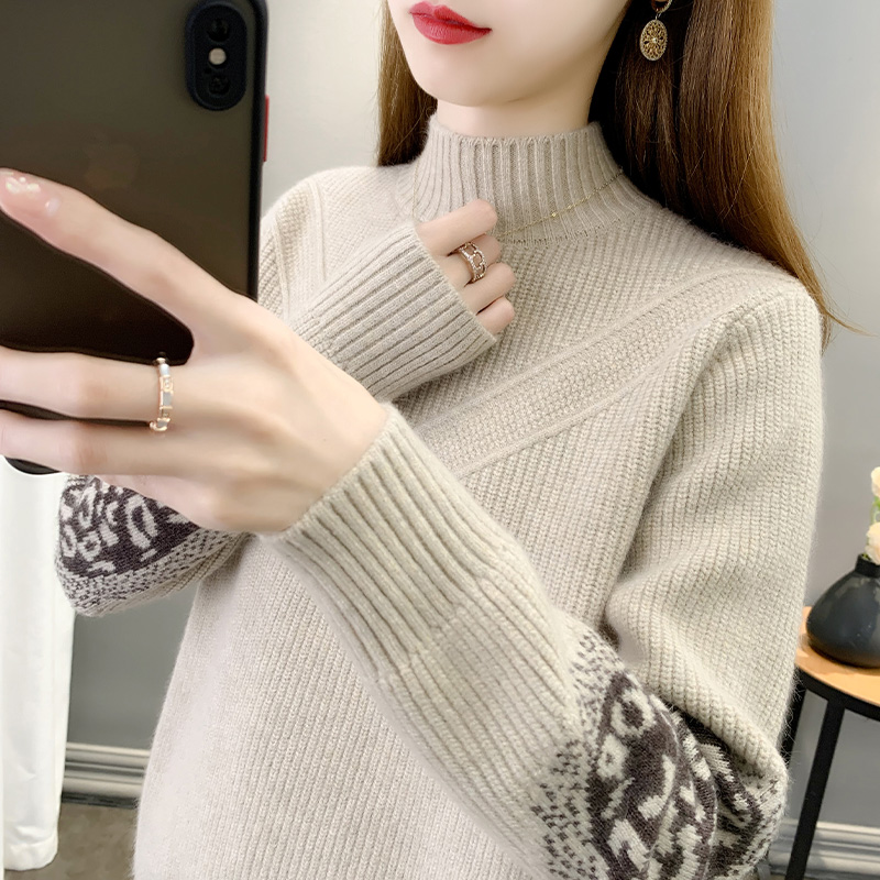 2023秋冬新款半高領毛衣女套頭加厚寬鬆外穿長袖針織衫打底毛衣女