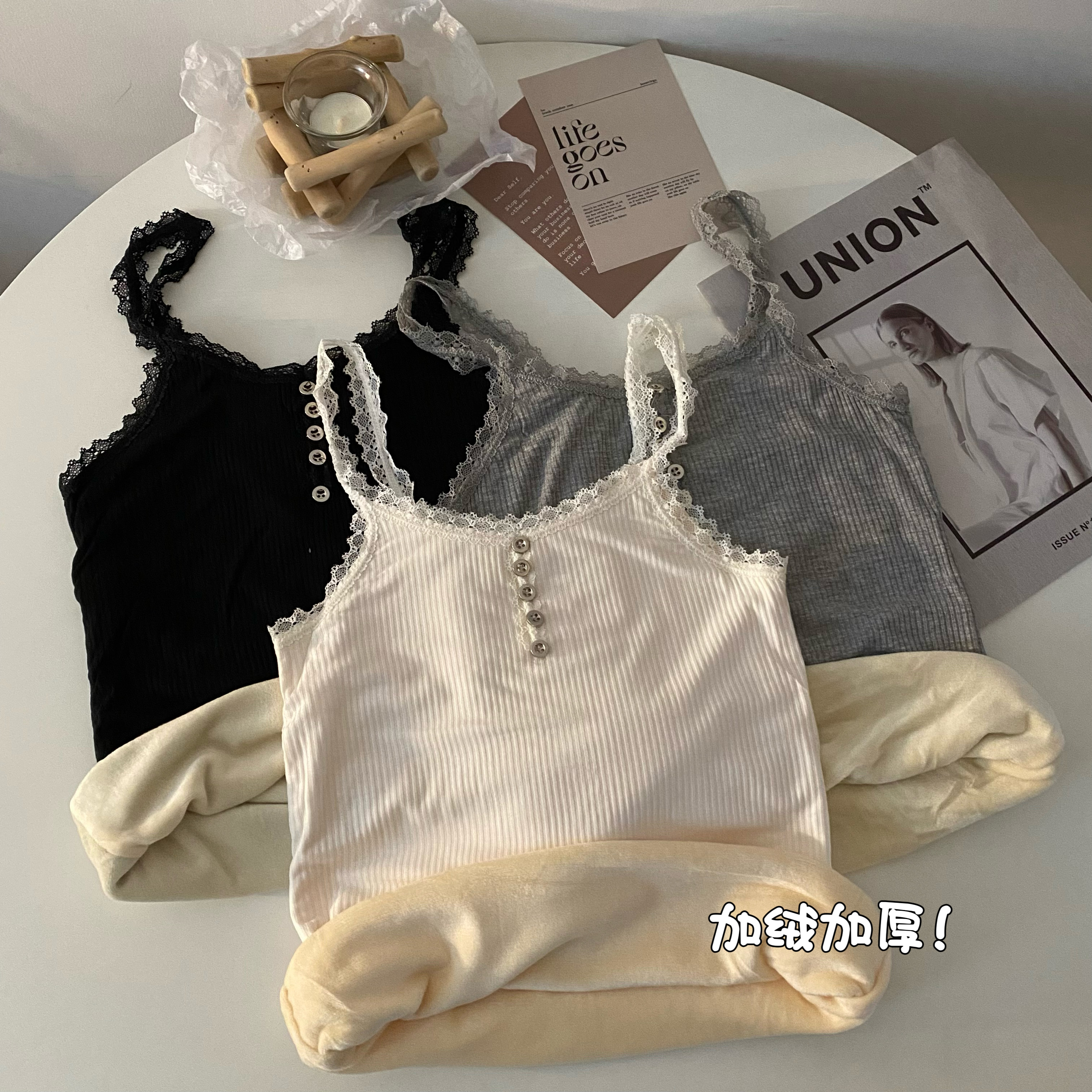 實拍秋冬保暖背心針織加絨加厚性感蕾絲吊帶內搭打底上衣女