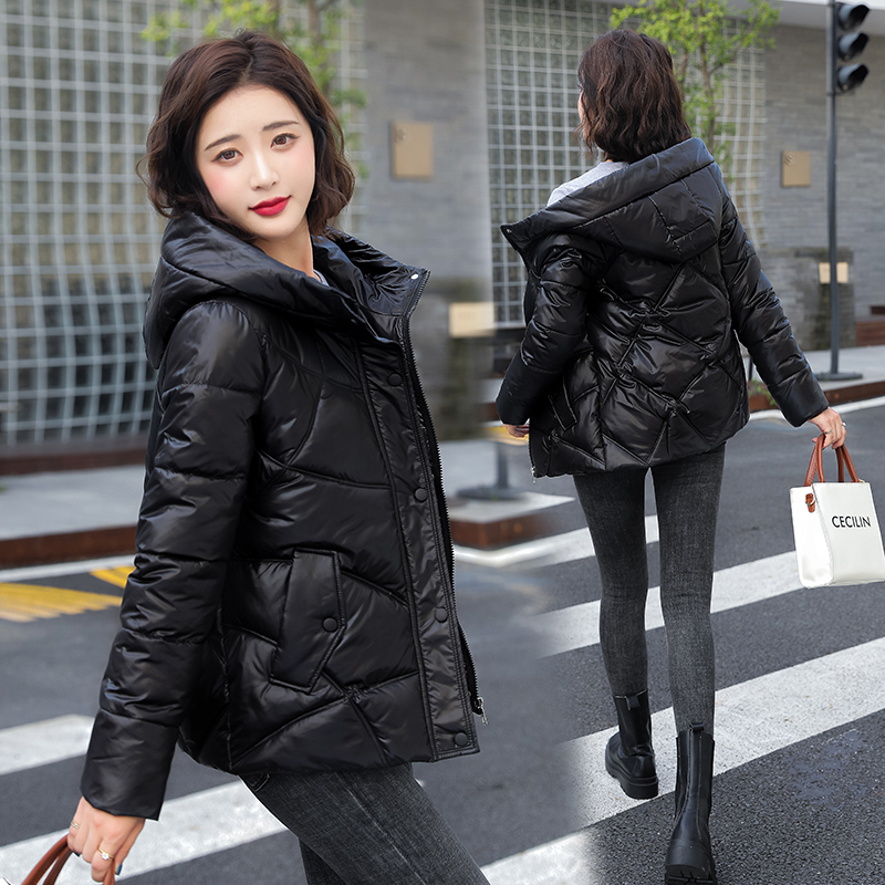 實拍2023冬季棉衣網紅學生短款羽絨服亮皮真皮風加厚寬鬆棉服連帽
