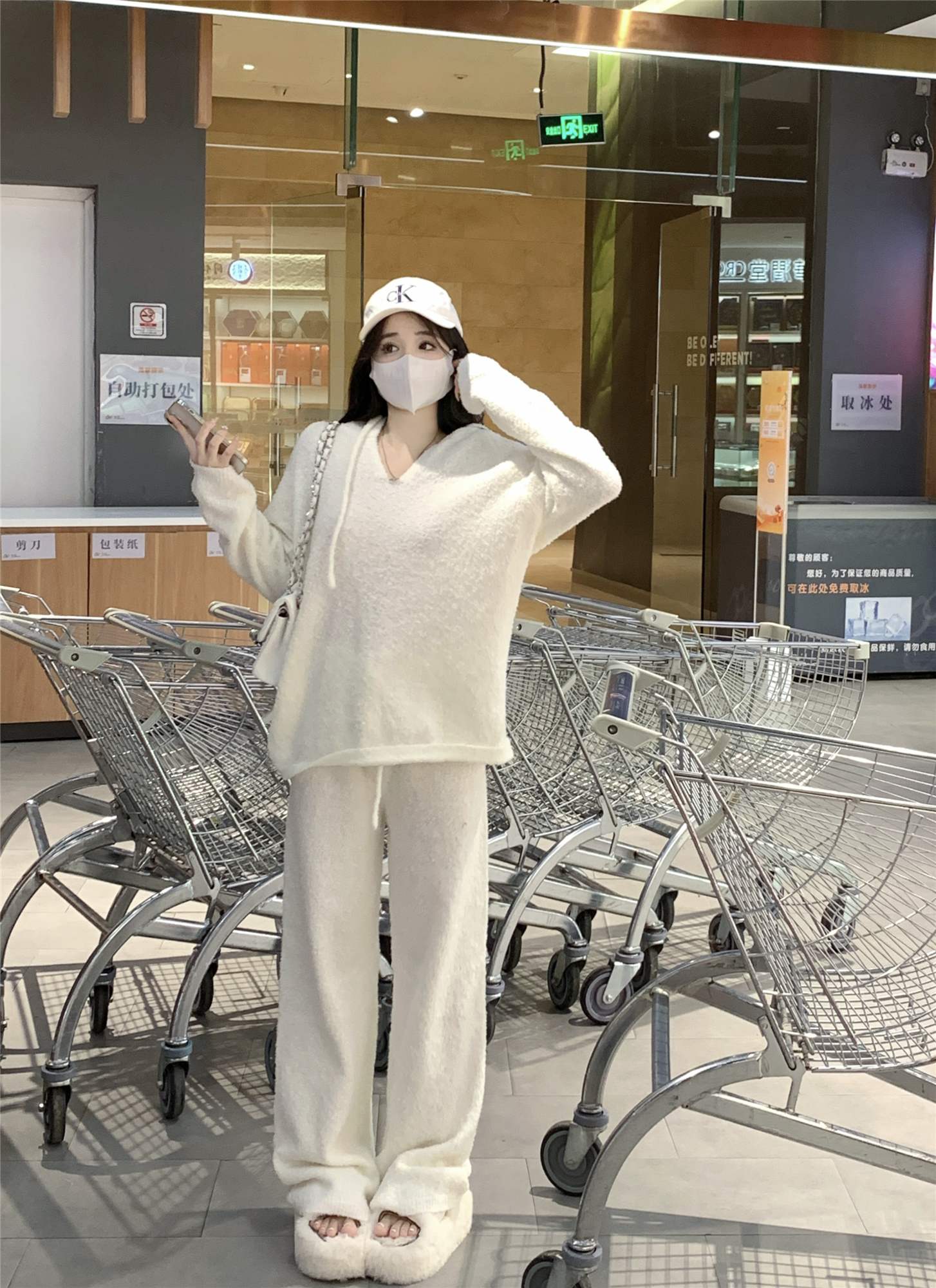 Actual shot ~ new autumn and winter lazy style furry hooded knitted sweatshirt two-piece set