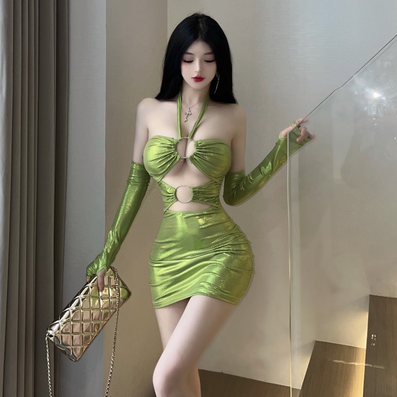 實拍~辣妹性感歐美夜店鏤空亮色繫緊身包臀掛脖四季款連衣裙女