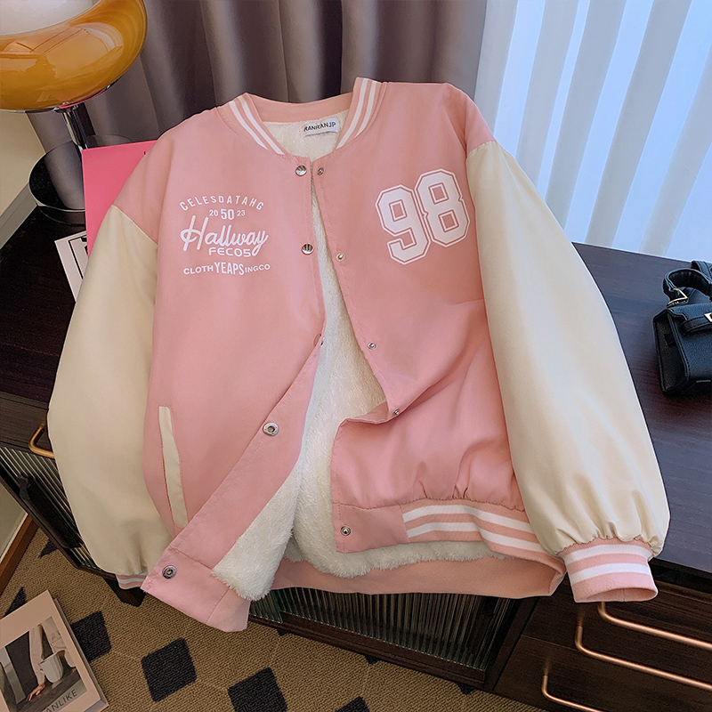 加絨加厚休閒bf風棒球服外套女秋冬裝學院風寬鬆百搭撞色夾克上衣