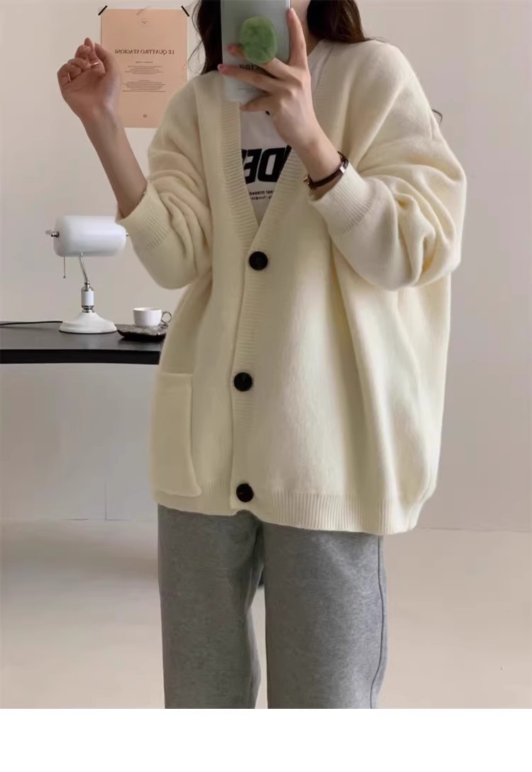 針織開衫毛衣外套女秋冬裝新款慵懶風寬鬆V領軟糯高級感灰色上衣