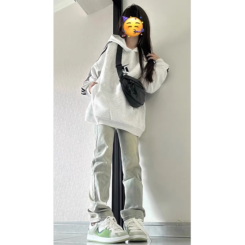 國潮美式連帽三條杆衛衣女春秋冬2023新款小個子慵懶寬鬆加絨外套