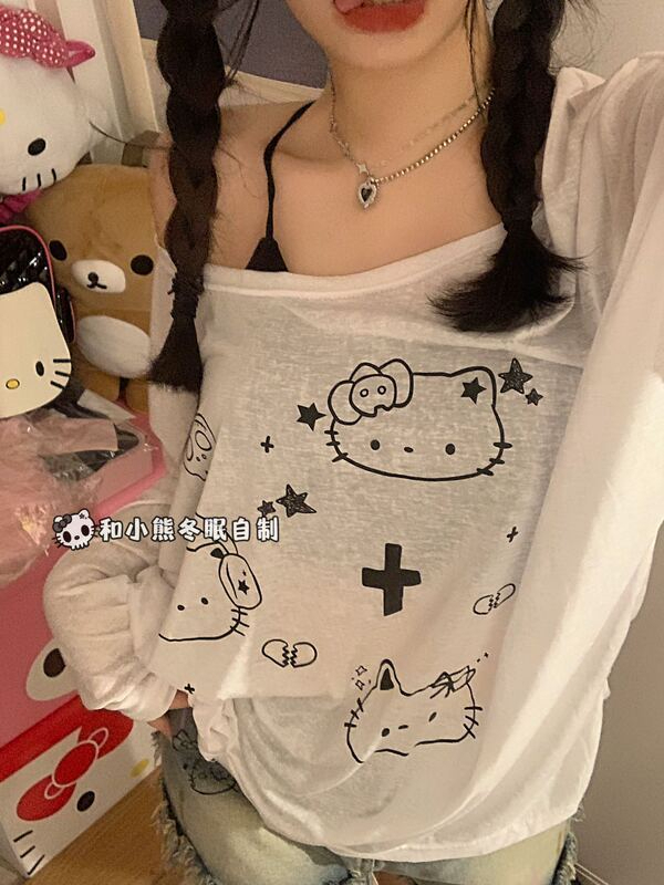 甜美可愛helloKitty罩衫長袖t恤女秋季寬鬆百搭顯瘦薄款體恤上衣