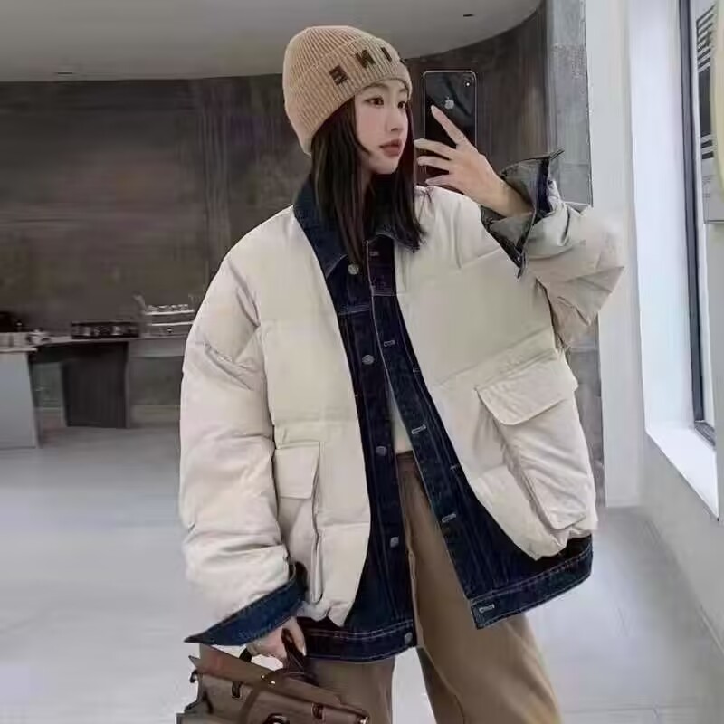 2023冬季韓版牛仔拼接假兩件牛仔羽絨服女大口袋短款棉服棉衣外套