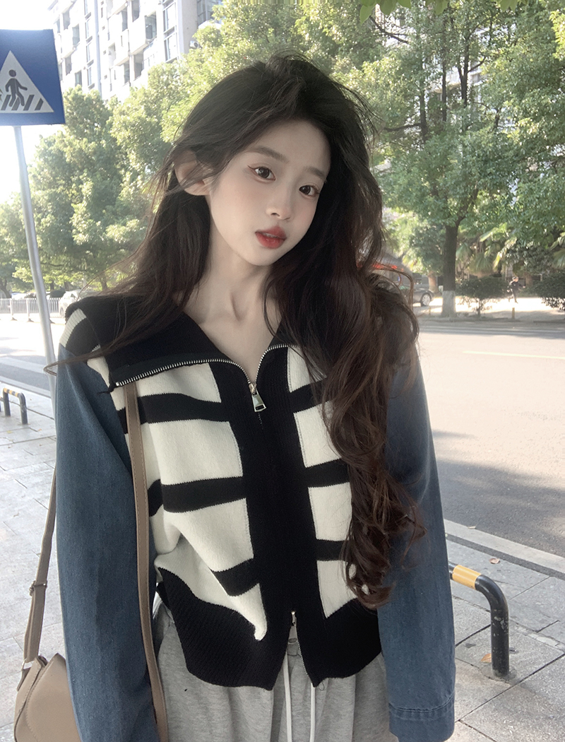 實拍~設計感小眾拼接條紋毛衣女秋冬針織衫