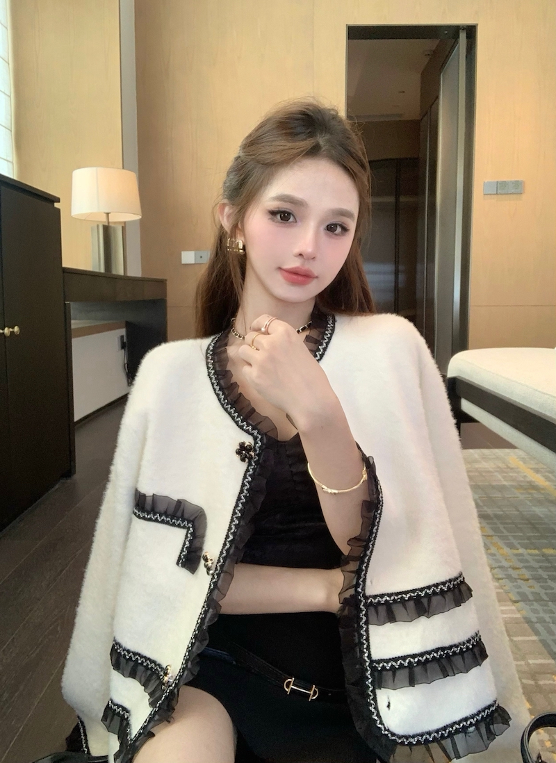實拍 氣質名媛設計感撞色毛衣女秋冬新款小香風仿水貂絨開衫外套