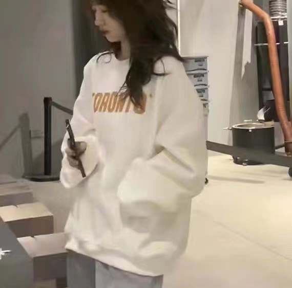 加絨2023新款無帽白色衛衣女長袖秋冬復古小個子上衣女款美式